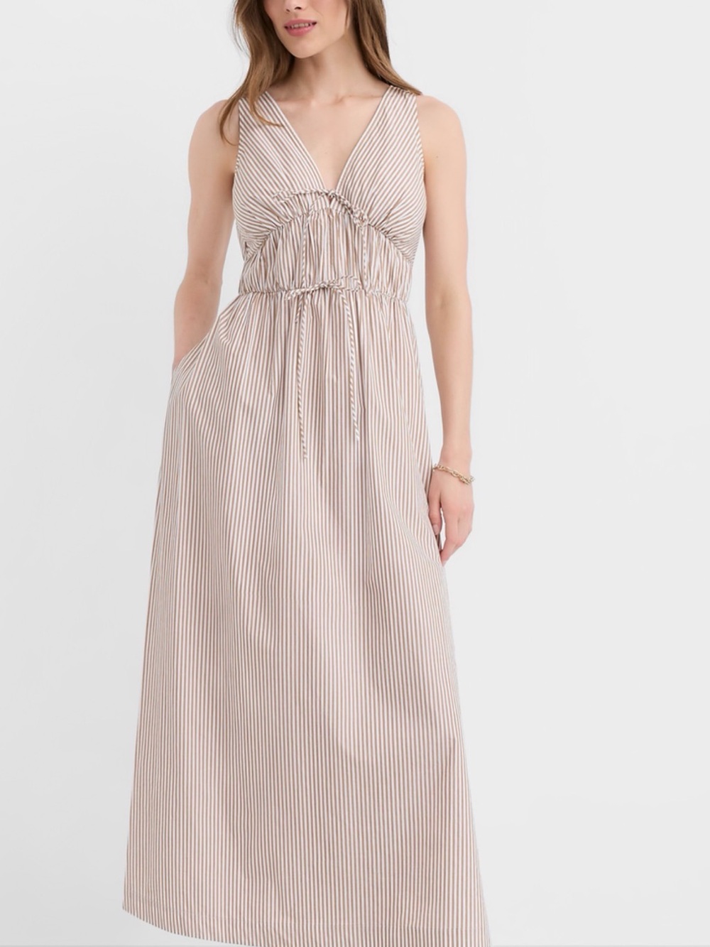 LOFT Beige and White Striped V‑Neck Maxi Dress